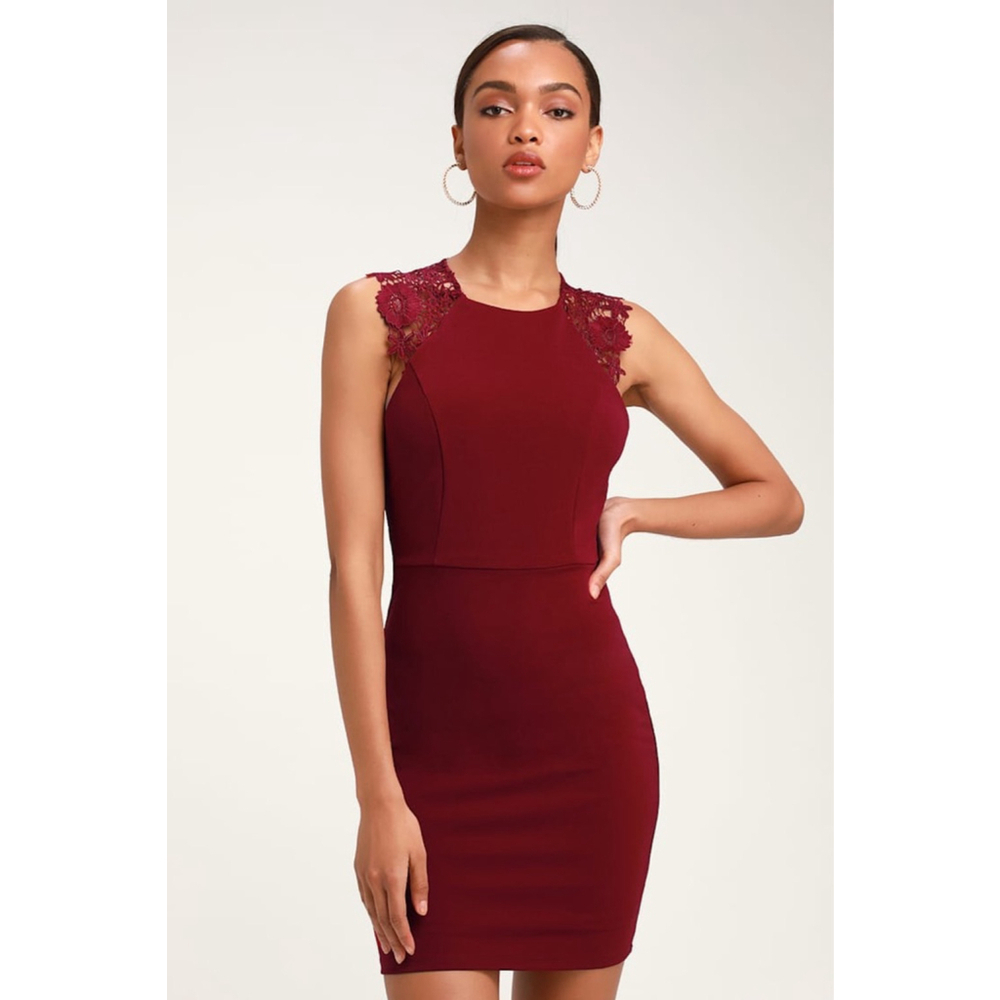 Lulus Burgundy Lace Open Shoulder Bodycon Mini Dress Medium